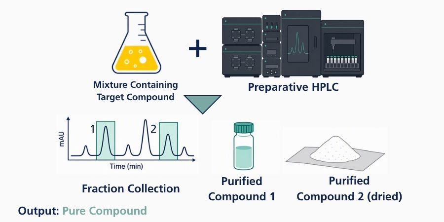 Preparative HPLC purification workflow showing separation of a sample mixture by preparative high-performance liquid chromatography (HPLC), fraction collection, and isolation of purified chemical compounds for pharmaceutical, analytical, and chemical research applications.