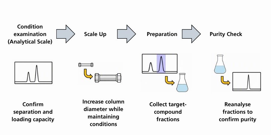 Chromatography scale-up workflow showing analytical method evaluation, column scale-up, target fraction collection, and purity verification.